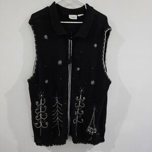Vintage Womens Ugly Christmas Sweater Vest Size XXL Trees Beaded Embroidered